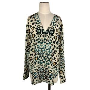 Brochu Walker Silk Button Front Blouse Leopard Ikat Print Women's Size Medium
